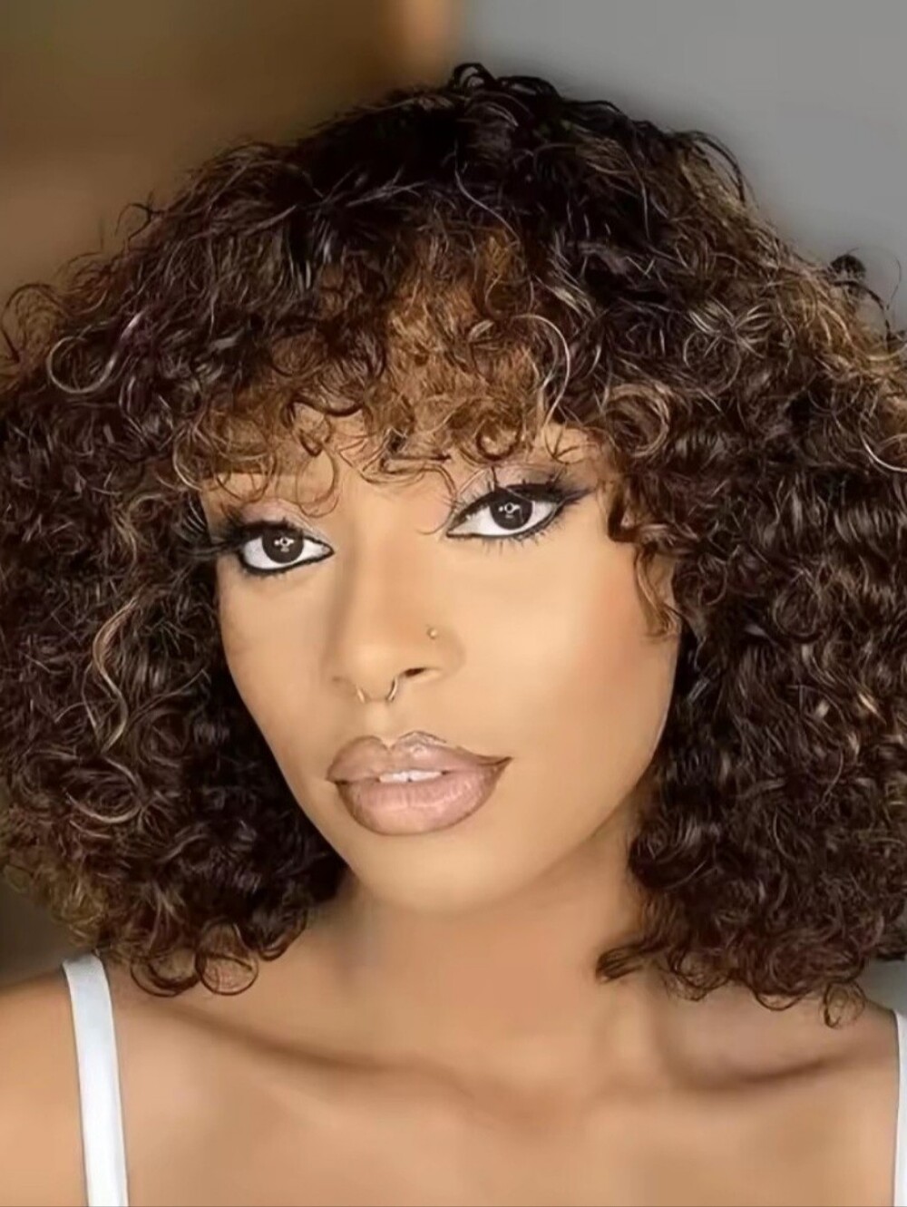 Short Curly Bob Wig with Bangs - Brown with Blonde Highlights